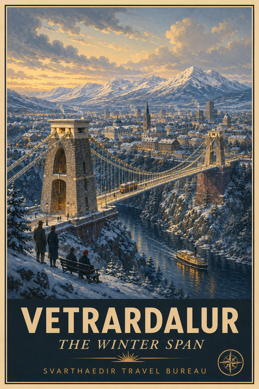Vetrardalur bridge and winter cityscape beneath snowy mountains